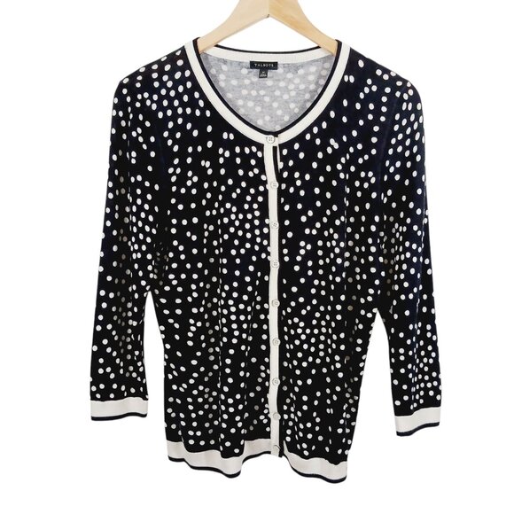 Talbots Medium Cardigan Sweater, Black/White Polka Dot, 3/4 Sleeve, Light Weight - Picture 1 of 16